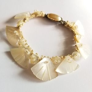 Vintage bracelet mother of pearl fan ivory silk crochet seashell Miriam Haskell